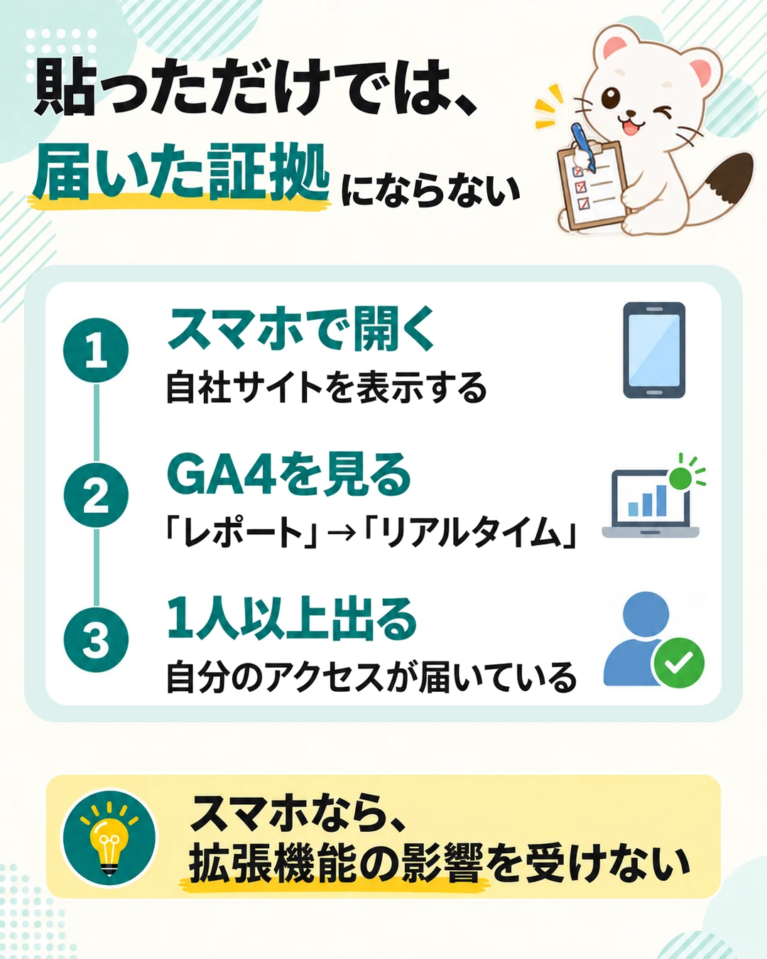 スマホで開く→GA4のリアルタイムを見る→1人以上出れば届いている、の3手順