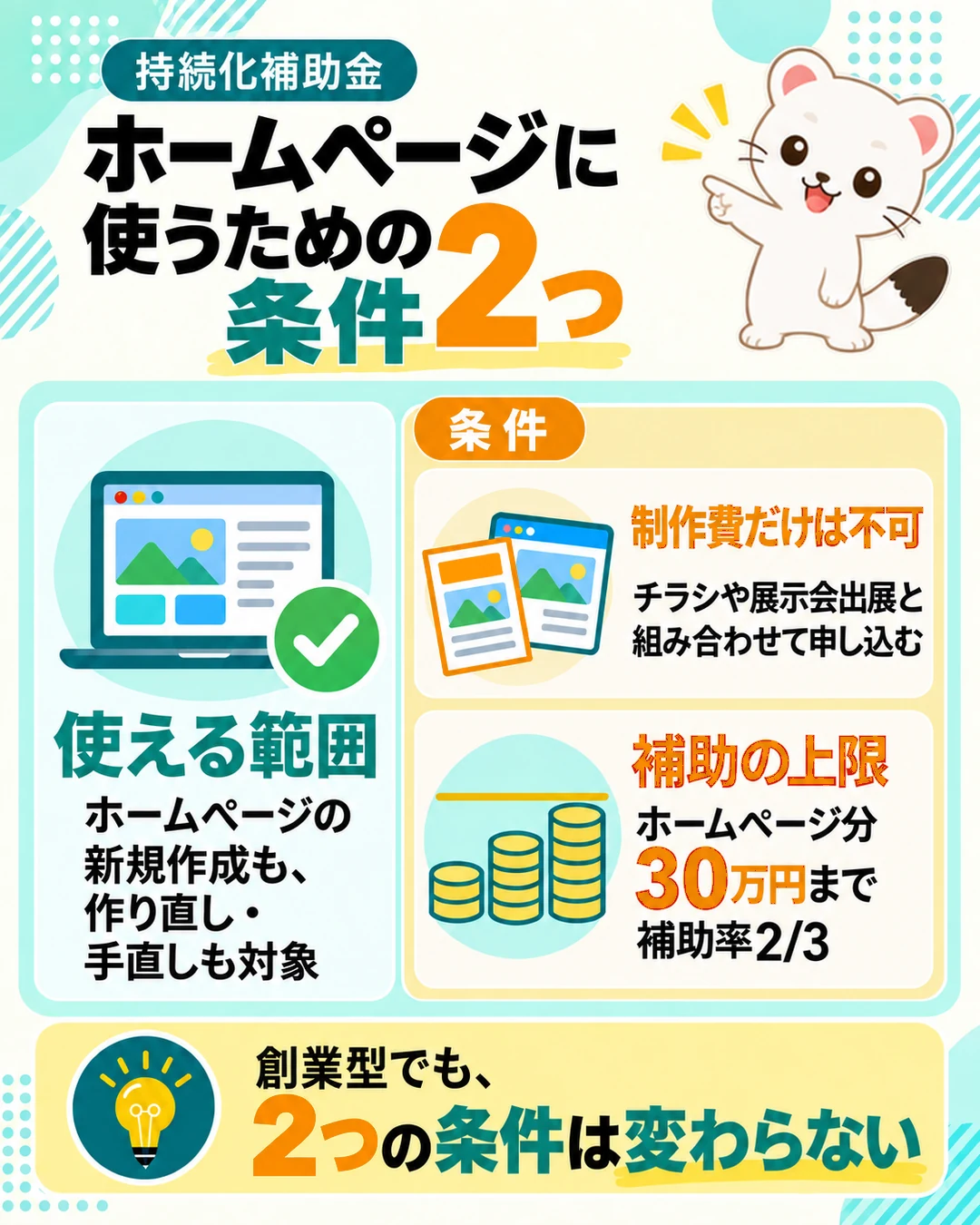 持続化補助金をホームページに使うための条件2つ。ホームページの新規作成も作り直し・手直しも対象。制作費だけは不可でチラシや展示会出展と組み合わせて申し込む。補助の上限はホームページ分30万円まで、補助率2/3。創業型でも2つの条件は変わらない
