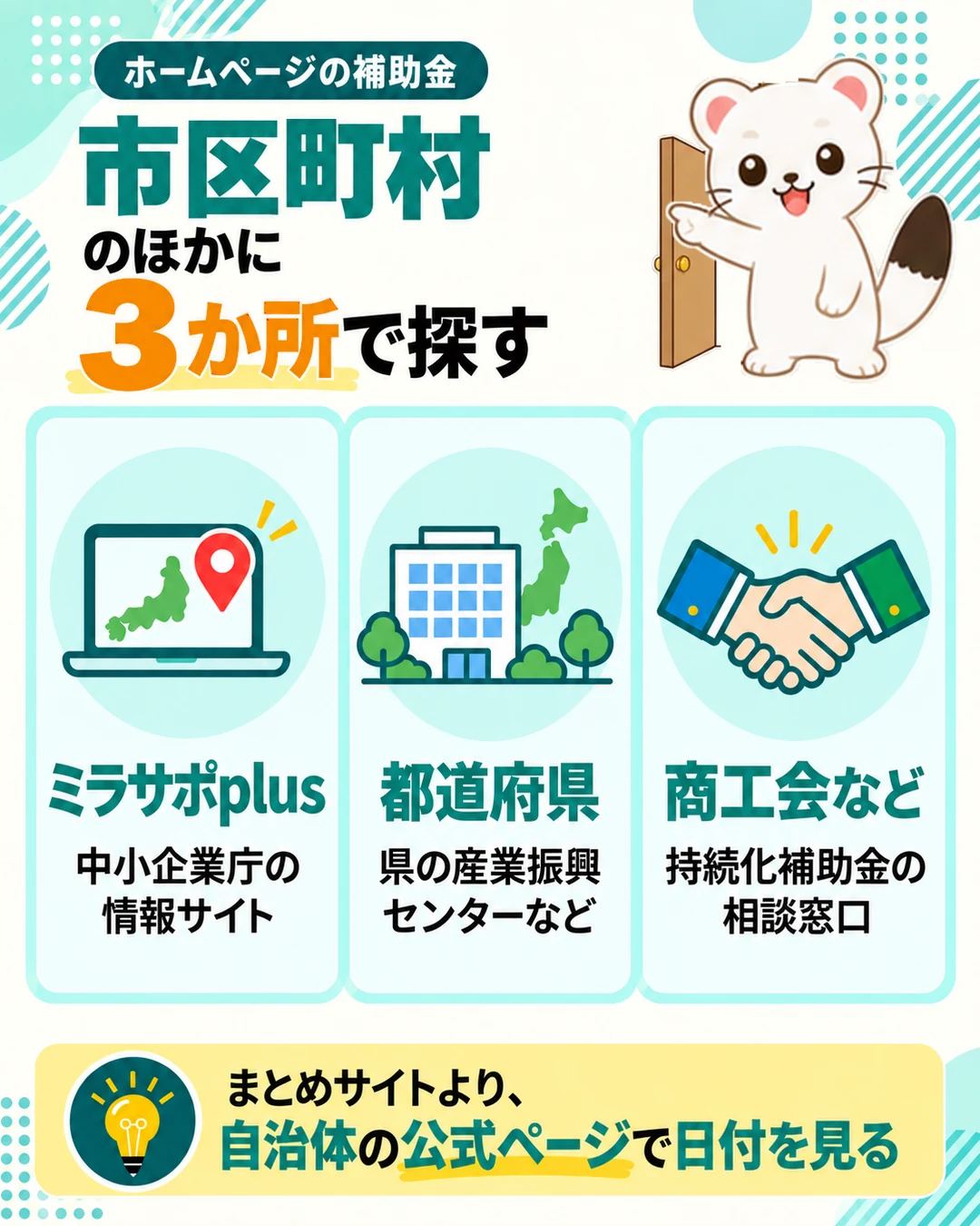 ホームページの補助金は市区町村のほかに3か所で探す。ミラサポplus、都道府県の産業振興センターなど、持続化補助金の相談窓口の商工会など。まとめサイトより自治体の公式ページで日付を見る