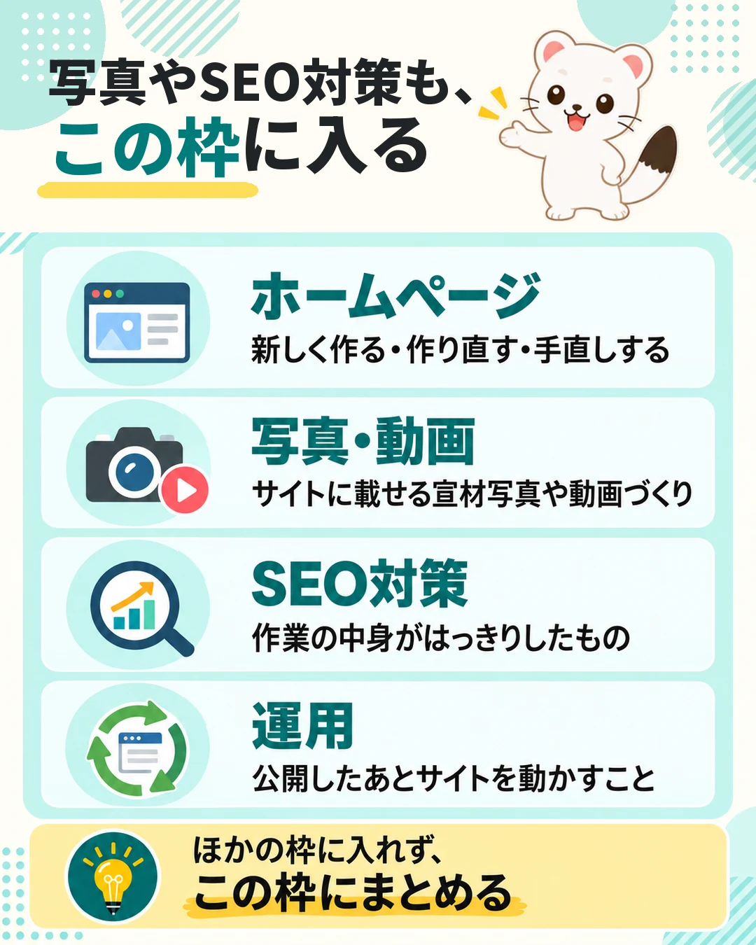 写真やSEO対策もウェブサイト関連費の枠に入る。ホームページの新規作成・作り直し・手直し、サイトに載せる宣材写真や動画づくり、作業の中身がはっきりしたSEO対策、公開したあとの運用