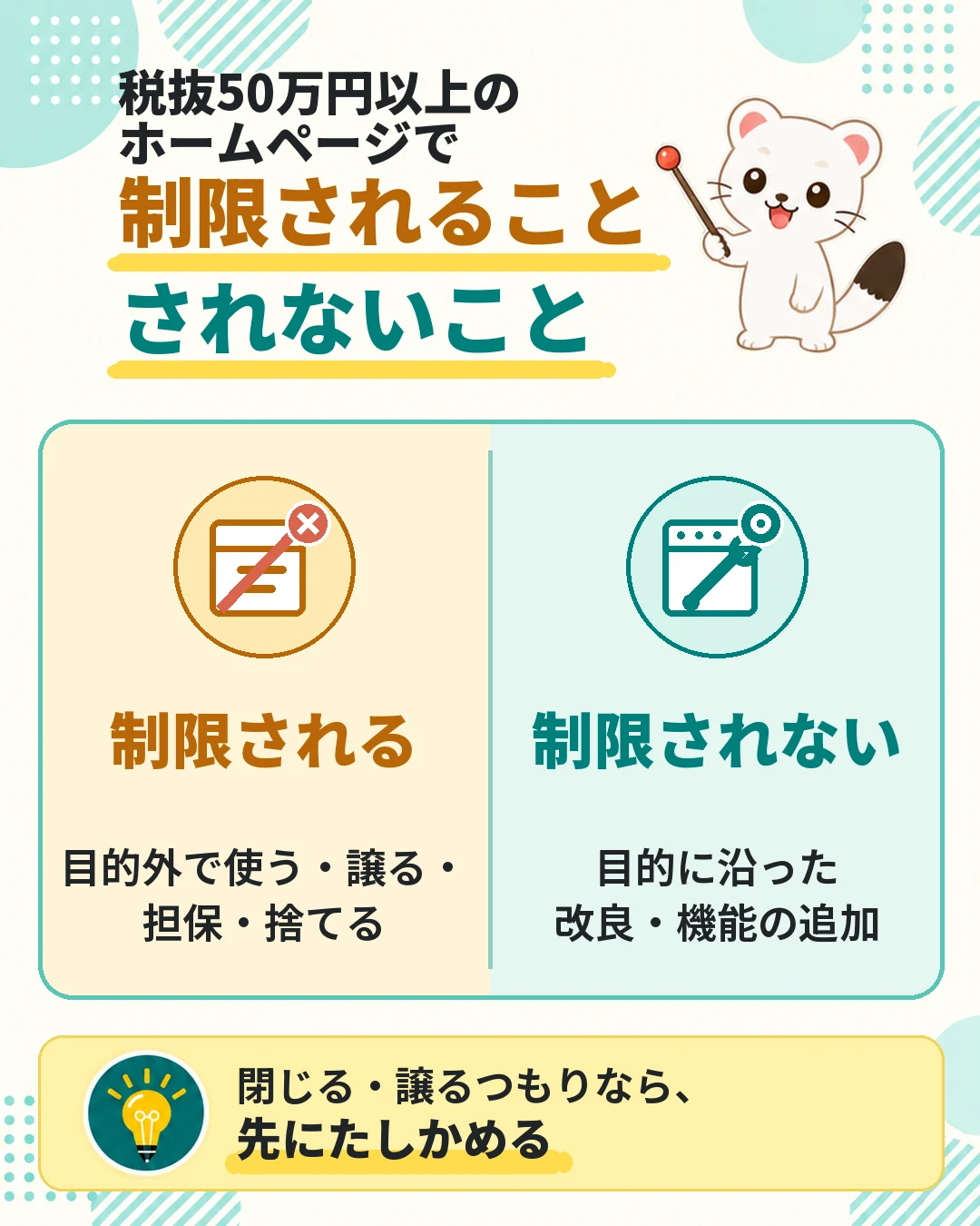 税抜50万円以上のホームページで制限されることは目的外で使う・譲る・担保・捨てること。制限されないことは目的に沿った改良・機能の追加。閉じる・譲るつもりなら先にたしかめる